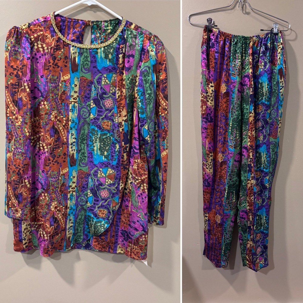 Ruth Norman New York Vintage 2 Piece Set Abstract Print Rhinestone Trim Small